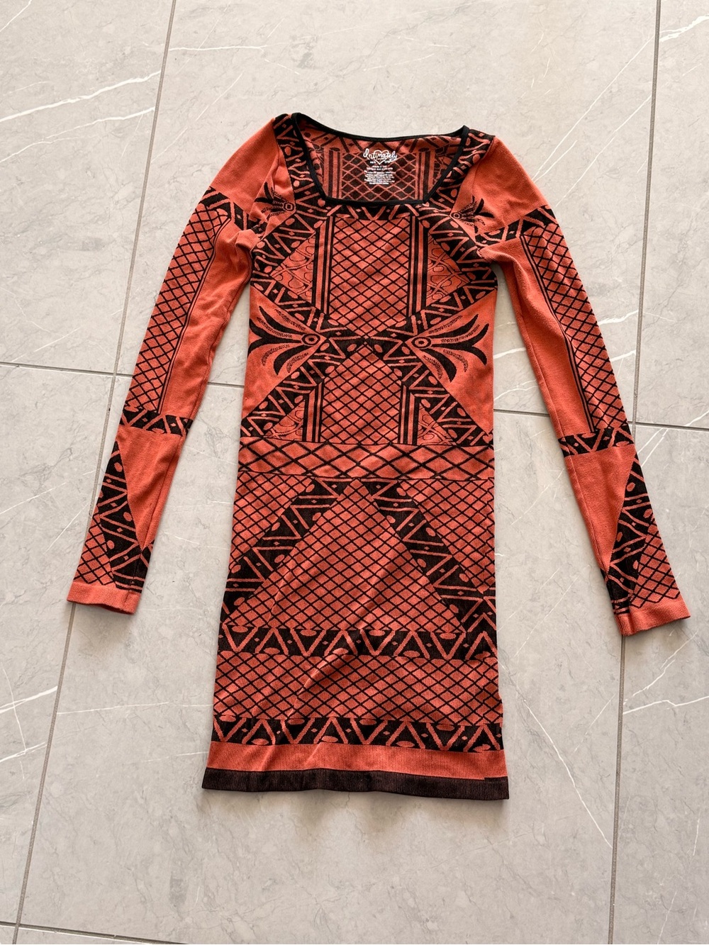 Free People Rust and Black Geometric Long Sleeve Dress